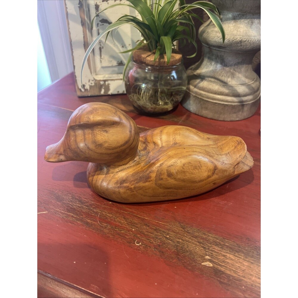 VTG Swiney 1991 Hand Carved Catalpa Wood Teal Duck Figurine MCM Folk Art Signed